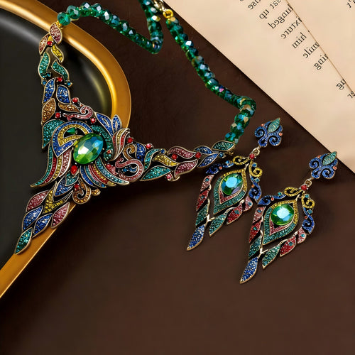 Neo-Chinese Ethnic Style Colorful Drop Niche Retro vintage Accessory Set Design Full Diamond Crystal Stud