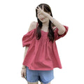 Summer Korean French Short Sleeve Off-Shoulder Boat Neck Loose Shirt + Camisole