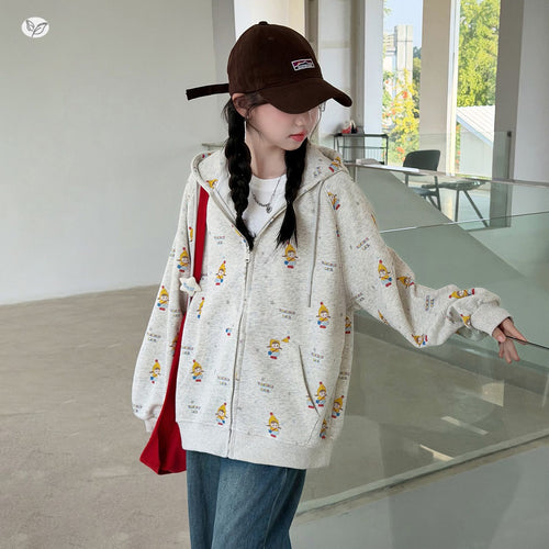 Girls' All-Over Print Hooded Zip Cardigan - Cute