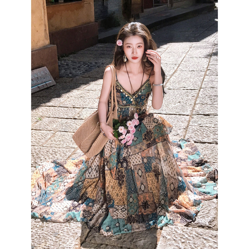 Women's Ethnic Vacation Chiffon High Waist Printed Skirt + Camisole + Long Skirt 2-Pi - Dress