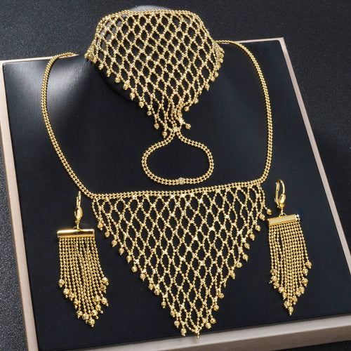 Amazon Overseas Fashionable Western 18K Gold Net Form Fringe Necklace Bracelet Set Earrings Ring Banquet Set