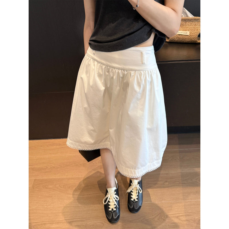 awencat lace stitching wide waist white skirt 2026 summer new slimming solid color a-line skirt for