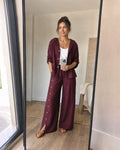 Vacation Linen Cotton Slit Loose Wide Leg Pants + Top 2-Piece Set