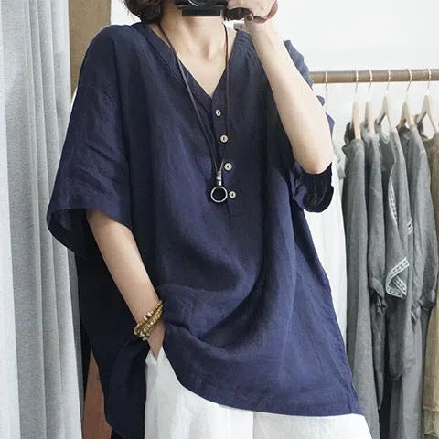 Cotton Linen V-Neck T-Shirt - Plus Size Casual Summer Lightweight Top Women