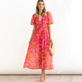 Printed V-Neck Puff Sleeve Bohemian Fitted Beach Dress