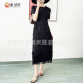 Pleated Fringe Short Sleeve Long Dress, Light Luxury Casual