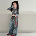 Girls' 3D Print Faux Layered Top Denim Wide-Leg Jeans Set