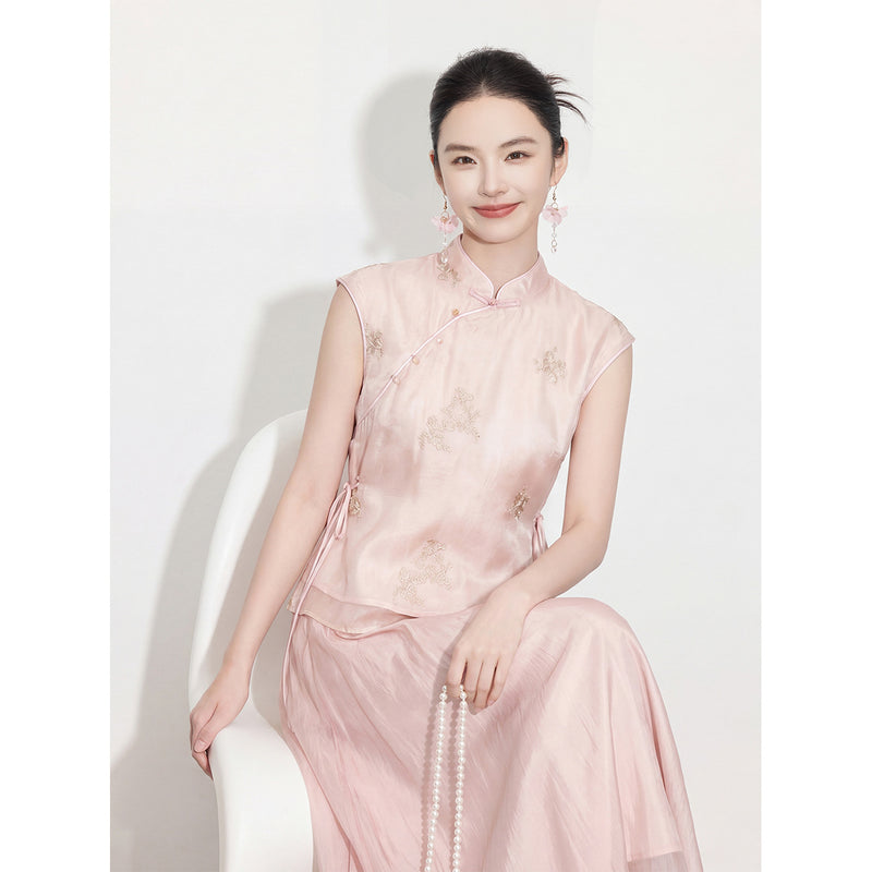 New Chinese Zen Embroidered Skirt + Vest 2-Piece Set