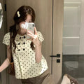 Summer Korean Slimming Short Sleeve Peter Pan Collar Polka Dot Cropped Shirt