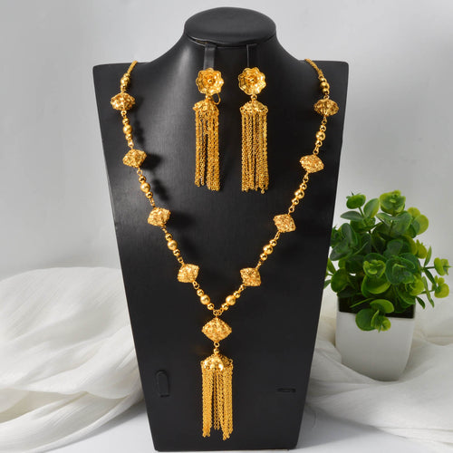 Luxury Dubai Bead Gem Jewelry Gold Plated Flower Spliced Round Bead Fringe Necklace Earrings Set Africa Accessory
