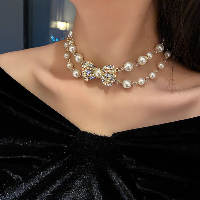 Vintage Pearl Rhinestone Tassel Choker Necklace - view 7
