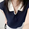 Women's Summer Elegant Unique Short Sleeve Lapel Collar Color-Block Knit Top 2026 - Off-White