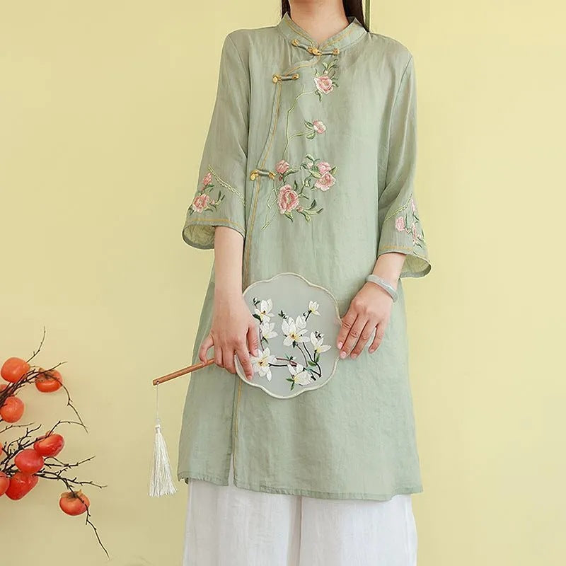Women's Spring-Summer New Chinese Ethnic Embroidered Loose Mid-Length Long Shirt 2026 - Green