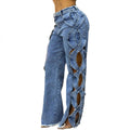 D8727 Side Hollow Denim Panel Straight Leg Pants