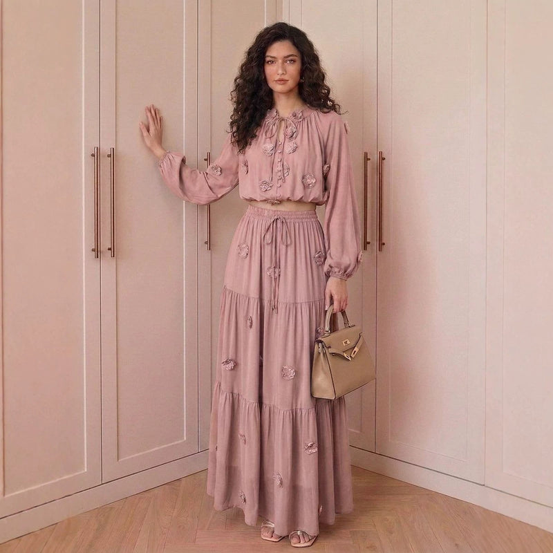 Fall Gentle Lantern Sleeve Crew Neck High Waist Fitted Shirt + Skirt Set