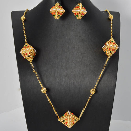 Overseas Dubai Retro Imperial Breeze Mini Set Colorful Cubic Zirconia 3D Quilted Shape Necklace Earrings Set Fashionable Accessory