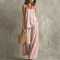 Women's Vacation Casual Linen Cotton Striped Loose Wide Leg Camisole + Pants 2-Piece - Sky Blue