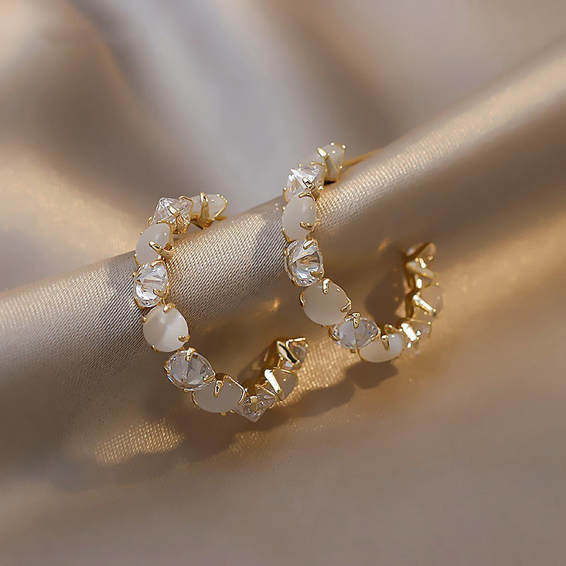 Gold-Plated Rhinestone Cat-Eye Stone Hoop Earrings - view 7