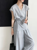 Slimming V-Neck Tie-Front Waist-Tie Wide Leg Pants + Top 2-Piece Set
