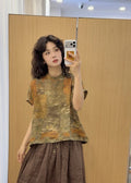 Summer Korean Artistic Ramie Mini Flutter Sleeve Stand Collar Printed Loose Shirt
