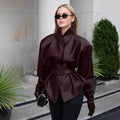 Women's Spring Retro Fashion Stand Collar Tie-Front Waist-Tie Mid-Length Jacket 2026 - Wine Red