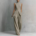 Fashion Elegant Linen Cotton Sleeveless Drapey Shirt + Pants Set