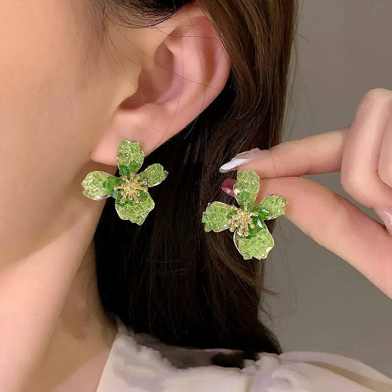 Green Floral Silver-Post Stud Earrings – Korean-Inspired Style - view 2
