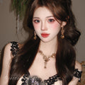 Korean Style ins Rhinestone Fan Shape Teardrop Stud Earring Necklace Set Niche Design Detail Clavicle Chain Personality Elegant Trendy Necklace