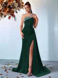 Women's One-Shoulder Beaded Evening Gown - Slim Banquet Style