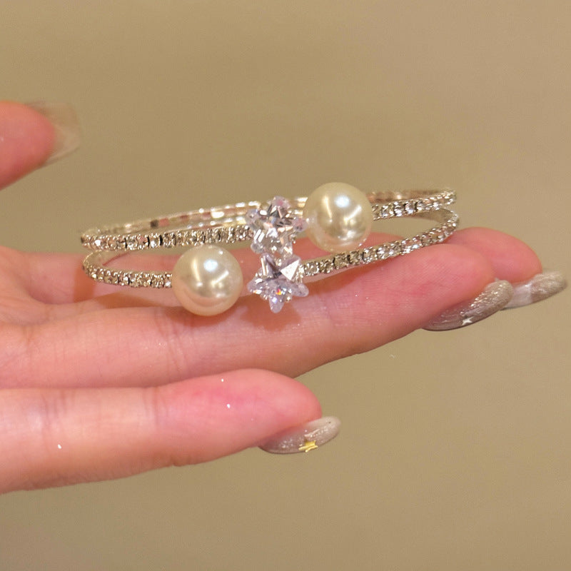 Korean Zircon Star Pearl Cuff Bracelet - view 6
