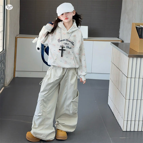 Girls' All-Over Print Hoodie Cargo Pants Two-Piece Set