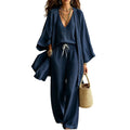 Summer Plus Size V-Neck Drawstring Wide Leg Cardigan + Pants 3-Piece Set