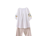 Women's Summer Ethnic Artistic Plus Size Linen Cotton Embroidered Short Sleeve Loose - White