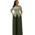 Summer Office Casual Short Sleeve Fitted Wide Leg Pants + Top Set