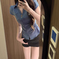 Summer School Trendy Short Sleeve Waist-Tie Fitted Cropped Shirt