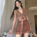 Women's V-Neck Tie Band Sheer Slim Top