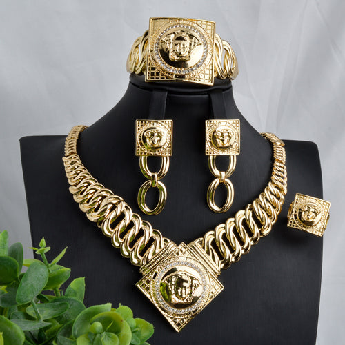 Overseas Copper Alloy Rhinestone Dubai Necklace Earrings Set Bangle Ring 4-Piece Set Accessory Set Bride Wedding Jewelry
