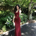 Red Floral Backless Halter Bodycon Long Dress, Summer