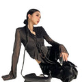 Women's V-Neck Tie Band Sheer Slim Top