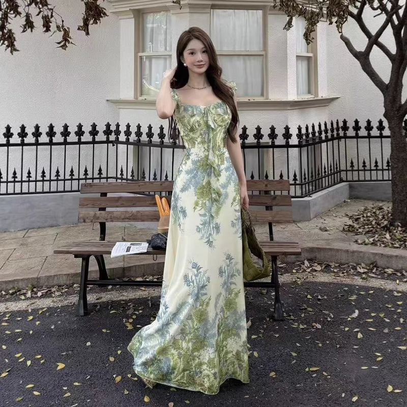 French Monet Garden Green Ruffle Dress, Seaside Vacation