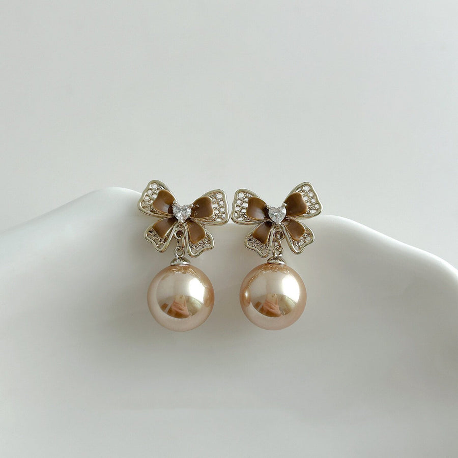 Vintage Zircon Bow Pearl Stud Earrings - view 3