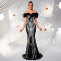 Women's Off-Shoulder Sequin Ruffle Mermaid Slim Fit Slimming Premium Evening ...
