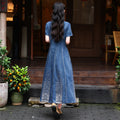 Square Collar Retro Denim Heavy Embroidery A-Line Dress 82693
