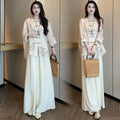 Early Spring New Chinese Fashion Frog Button Printed Loose Wide Leg Pants + Top 2-Piece Set