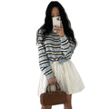 Women's Spring Korean Gentle Knit Striped Color-Block Cardigan + Jacket 2026 - Navy
