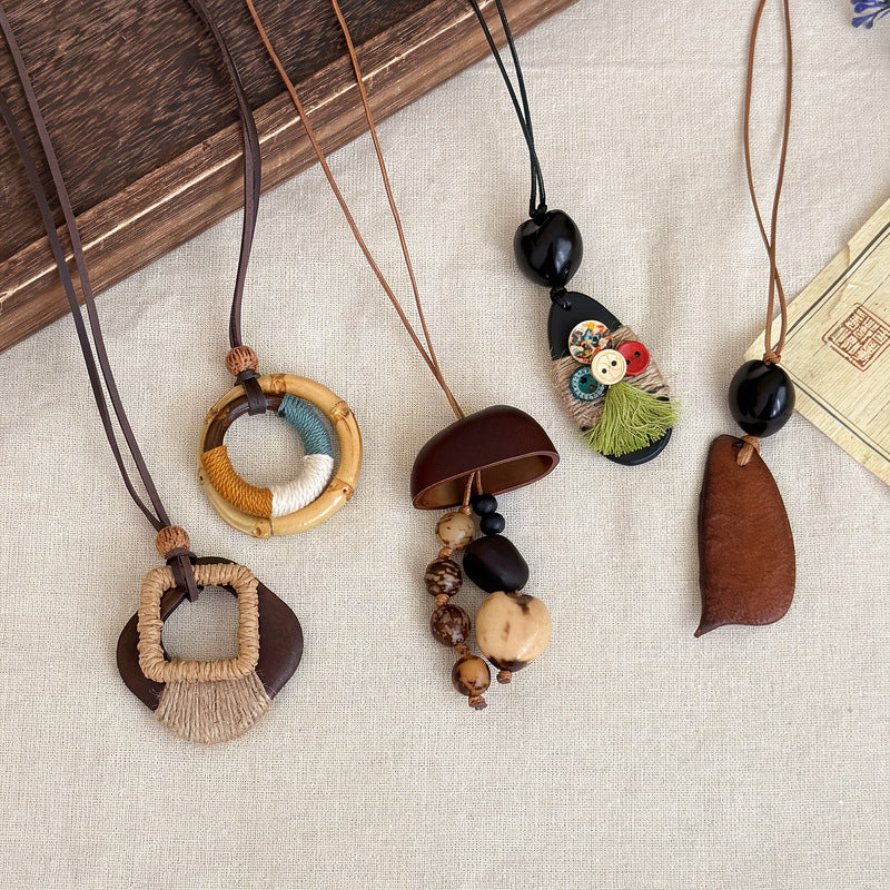 Bohemian Wooden Bead Rope Pendant Necklace - view 2