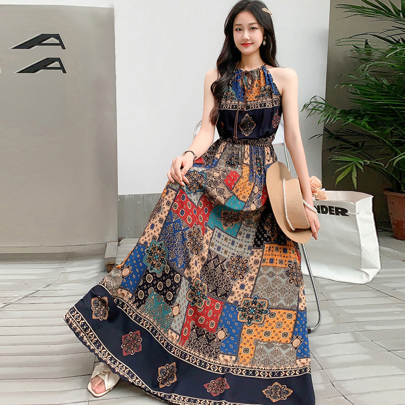 Women's Summer Ethnic Vacation Sleeveless Floral Printed Swing Dress + Camisole + Ski - 4-1#
