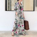 Women's Japanese Casual Linen Cotton Long Sleeve Lapel Collar Printed Loose Dress + S - Navy Blue