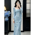 French Butterfly Print Mesh Fitted Long Dress