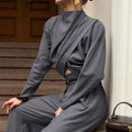 Fall Office Elegant High Neck Crop Twist Wide Leg Pants + Top 2-Piece Set